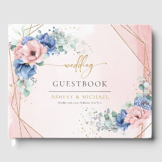 Elegante waterverf blush en blauw bloemengroen gastenboek (Voorkant)