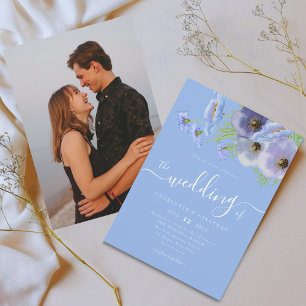 Elegante Waterverf Boho Bloemige Blauwe Foto Bruil Kaart
