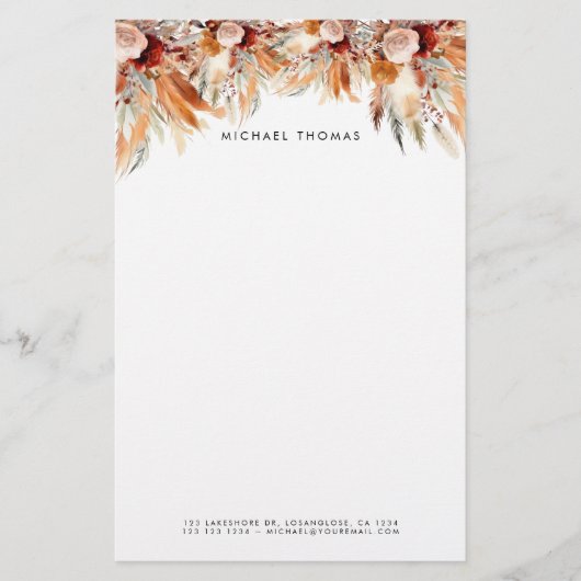 Elegante Waterverf Boho Floral gepersonaliseerd Briefpapier (Voorkant)