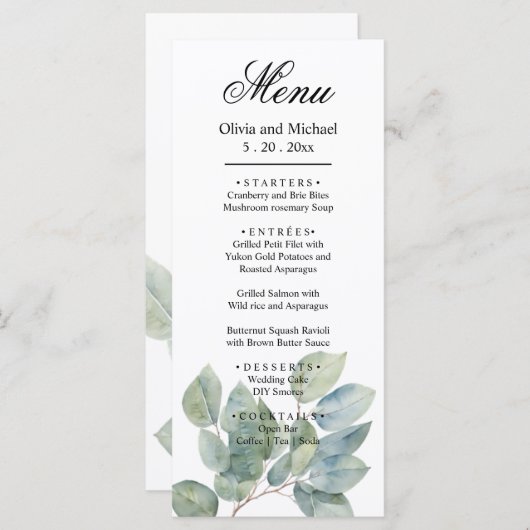 Elegante Waterverf boho groen gebladerte bruiloft Menu (Voorkant / Achterkant)