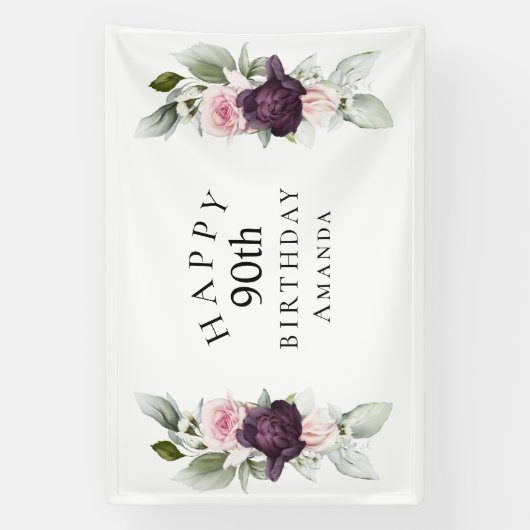Elegante Waterverf Botanische 90ste Verjaardag Spandoek (Verticaal)