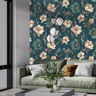 Elegante Waterverf Botanische Patroon Donkerblauw Behang