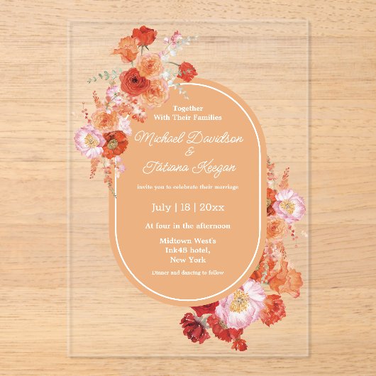 Elegante waterverf botanische roodbruine bruiloft acryl uitnodigingen (Voorkant)