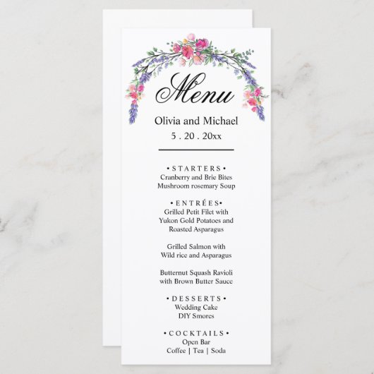 Elegante waterverf botanische roze rozen lavendel menu (Voorkant / Achterkant)