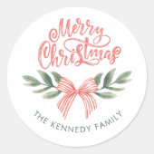 Elegante Waterverf Bow Roze Vrolijk Kerstfeest Ronde Sticker (Voorkant)