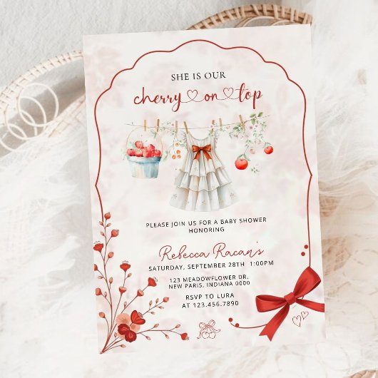 Elegante Waterverf Cherry op Top Roze Baby shower Kaart