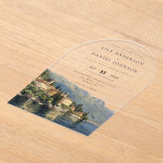 Elegante Waterverf Comomeer Italiaans Trouwboog Acryl Uitnodigingen (Laagn)