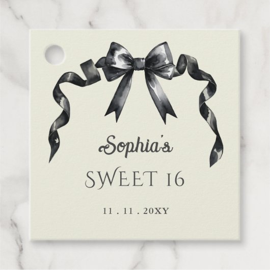 Elegante Waterverf Coquette Black Bow Sweet 16 Bedankjes Labels (Voorkant)