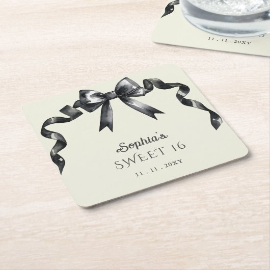 Elegante Waterverf Coquette Black Bow Sweet 16 Vierkante Kartonnen Onderzetter (Schuin)