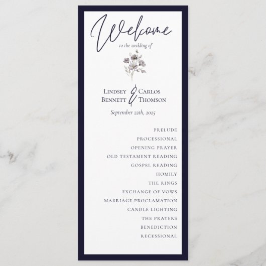 Elegante waterverf dark navy kaligrafie ceremonie programma (Voorkant)