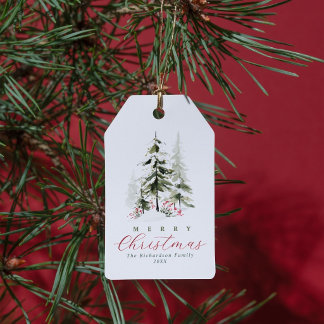 Elegante Waterverf Dennengehakt Kerstmis Cadeaulabel