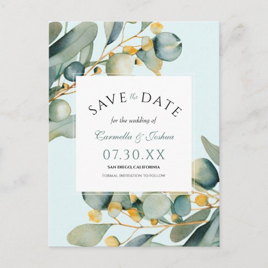 Elegante Waterverf Eucalyptus Boho Bewaar de datum Briefkaart (Voorkant)