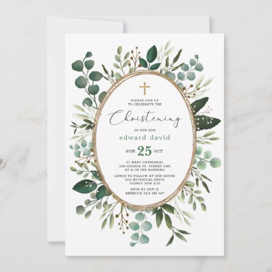 Elegante Waterverf Eucalyptus Greenery Christening Kaart (Voorkant)