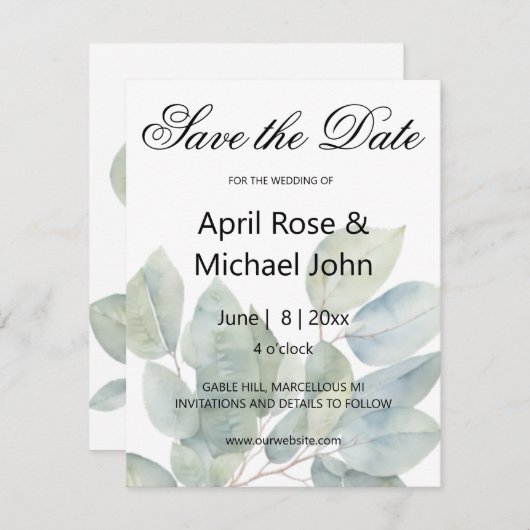 Elegante waterverf eucalyptus groen bruiloft save the date (Voorkant / Achterkant)
