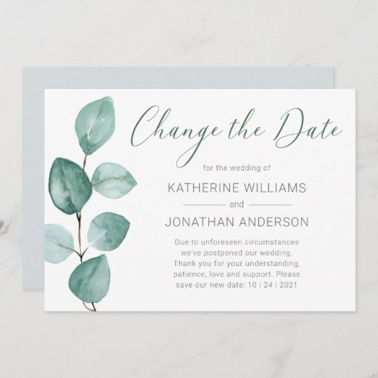 Elegante Waterverf Eucalyptus Wijzig de datum Aankondiging (Voorkant / Achterkant)