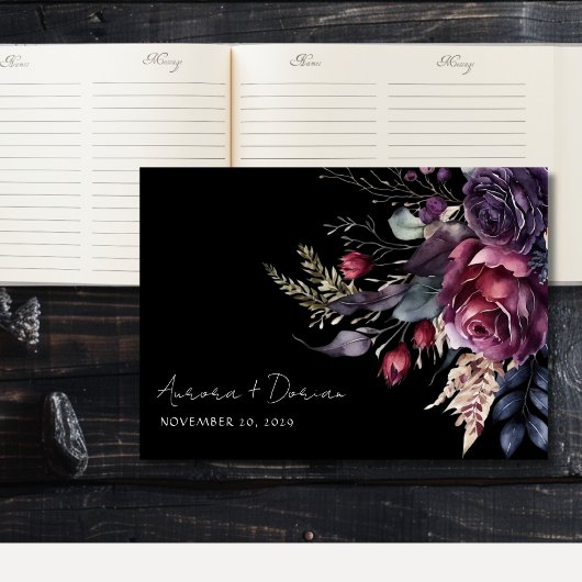 Elegante Waterverf Floral Black Wedding Gastenboek