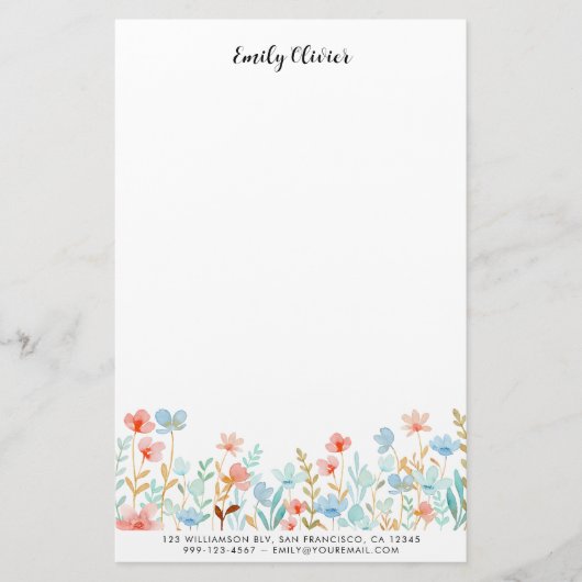 Elegante Waterverf Flowers Personaliseer tekst Briefpapier (Voorkant)