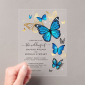 Elegante Waterverf gouden en blauwe vlinder bruilo Acryl Uitnodigingen (Insitu (Draagbaar))