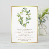 Elegante Waterverf Greenery Gouden Doop Kaart (Staand voorkant)