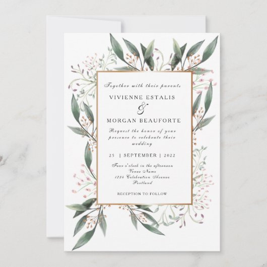 Elegante waterverf groen blad gouden bruiloft kaart (Voorkant)