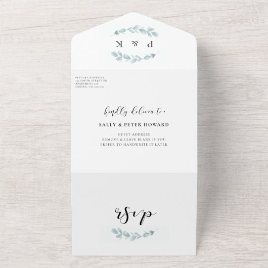 Elegante waterverf groen bruiloft all in one uitnodiging (Buitenkant)