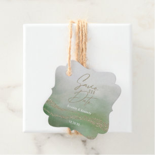 Elegante Waterverf Groen & Goud Sla de Datum op Bedankjes Labels
