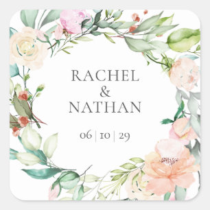 Elegante Waterverf Groene Bloemen Bruiloftsgeschen Vierkante Sticker
