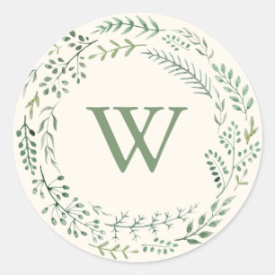 Elegante waterverf groene krans monogram ronde sticker
