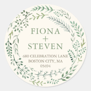 Elegante waterverf groene krans retouradres ronde sticker