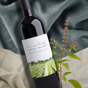 Elegante Waterverf Groene Wijngaard Trouwlocatie Wijn Etiket