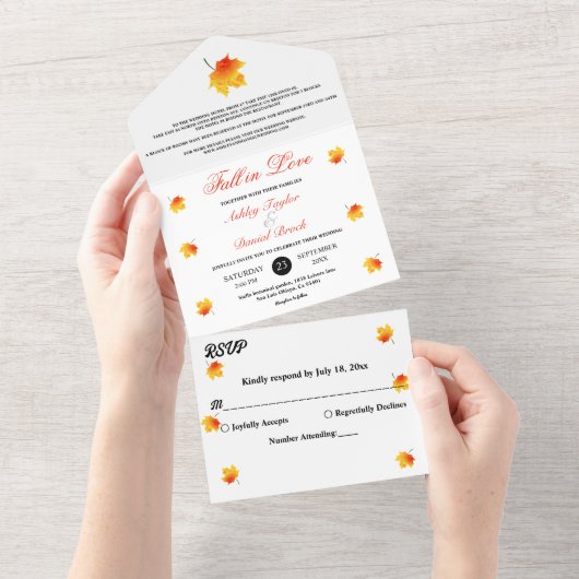 Elegante Waterverf herfst laat Boho bloemenbruilof All In One Uitnodiging (Afscheurbaar)