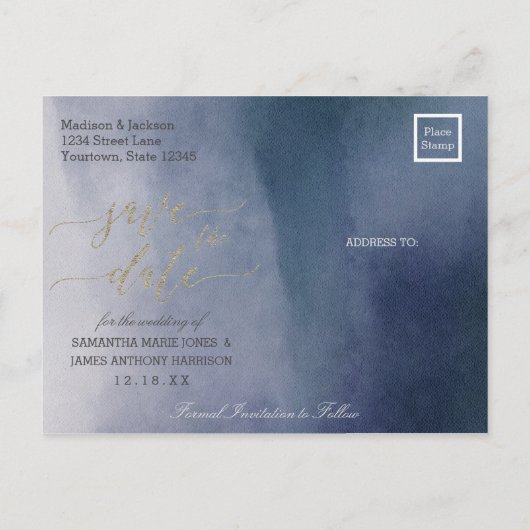 Elegante Waterverf in Surf Bruiloft Save the Dat Aankondigingskaart (Achterkant)