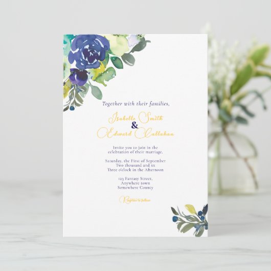 Elegante Waterverf Indigo Blue Rozen bruiloft Kaart (Staand voorkant)
