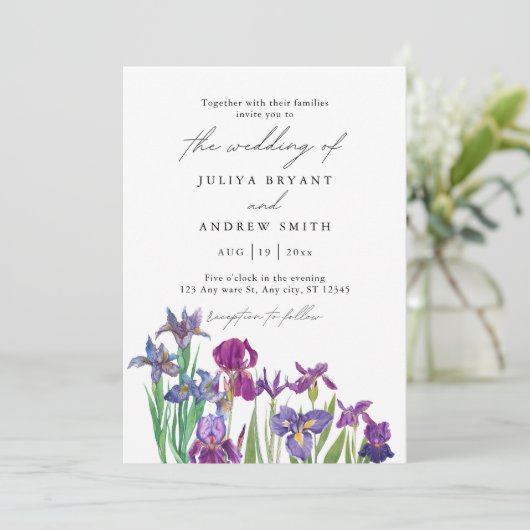 Elegante waterverf Iris in witte script bruiloft Kaart (Staand voorkant)
