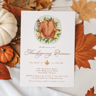 Elegante Waterverf Kalkoen Thanksgiving Dinner Kaart