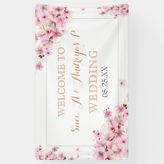 Elegante Waterverf Kersenbloesem Lente Bruiloft Spandoek (Verticaal)