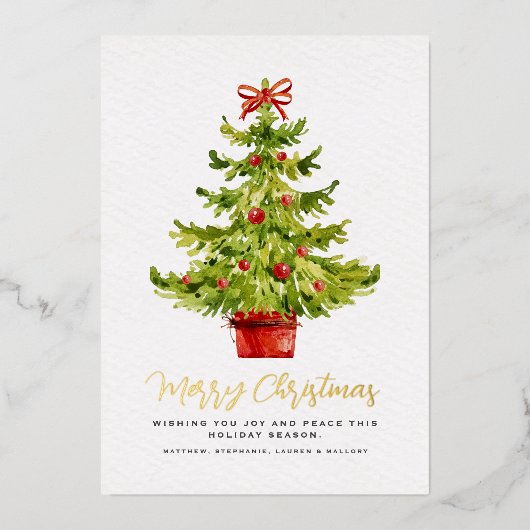 Elegante Waterverf kerstboom gouden script Folie Feestdagenkaart (Voorkant)