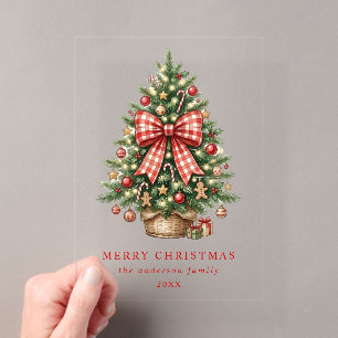 Elegante Waterverf Kerstboom Rode Gingham Strik Acryl Uitnodigingen