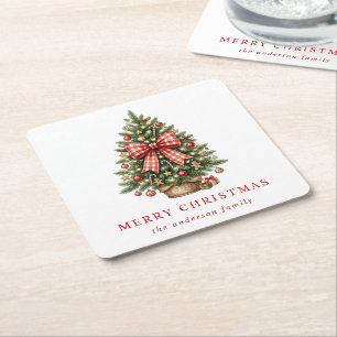 Elegante Waterverf Kerstboom Rode Gingham Strik Vierkante Kartonnen Onderzetter