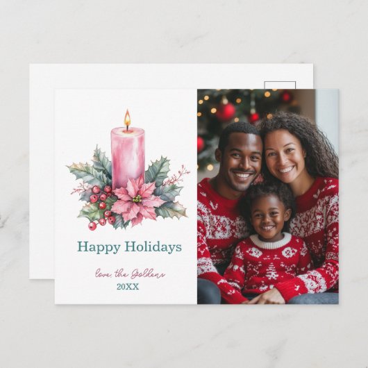 Elegante Waterverf Kerstkaars Custom Photo Feestdagenkaart (Voorkant / Achterkant)