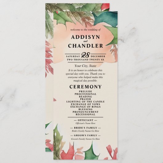 Elegante Waterverf kerstkrans bruiloft Programma (Voorkant / Achterkant)