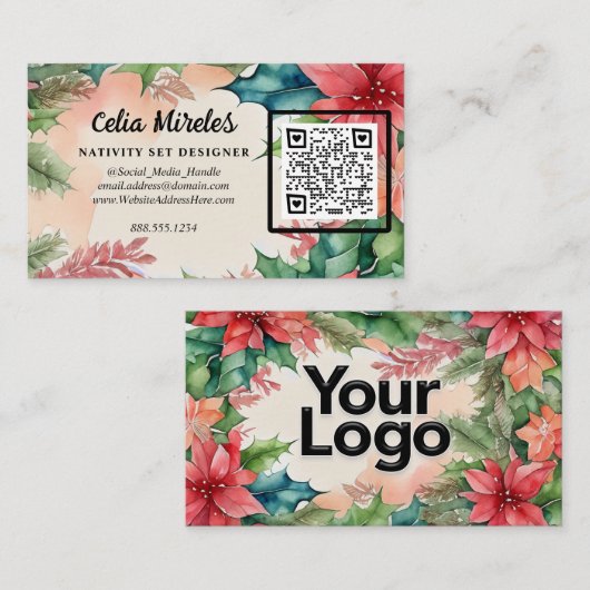 Elegante Waterverf Kerstkrans QR-code Informatiekaartje (Voorkant / Achterkant)