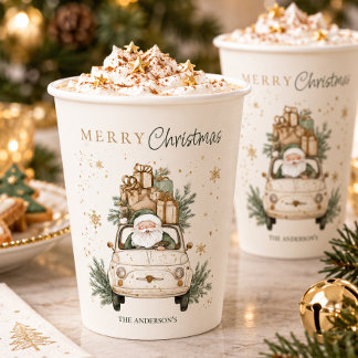 Elegante Waterverf Kerstman Auto Sneeuw Kerstfeest Papieren Bekers