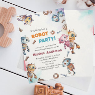 Elegante Waterverf Kleine Robots Baby SHovitation Kaart