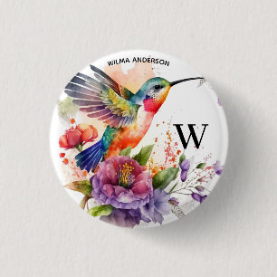 Elegante Waterverf kolibrie monogram met naam Ronde Button 3,2 Cm