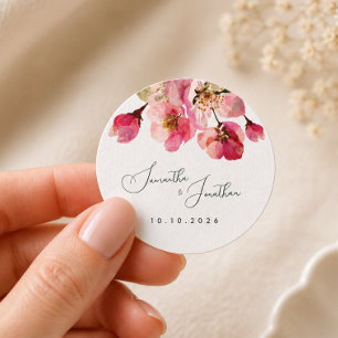 Elegante waterverf koraalroze bloemmotief ronde sticker