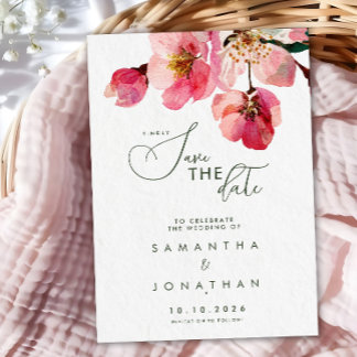 Elegante waterverf koraalroze bloemmotief save the date