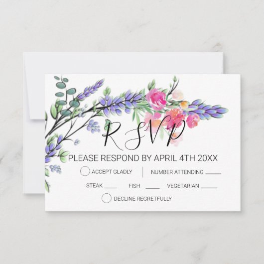 Elegante waterverf lavendel roze rozen eucalyptus RSVP kaartje (Voorkant)