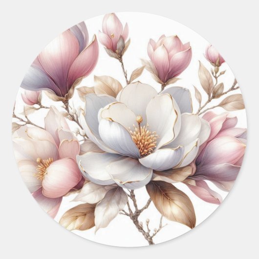 Elegante waterverf magnolia bloemen ronde sticker (Voorkant)
