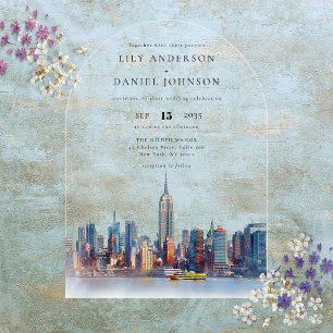 Elegante Waterverf New York Silhouette Trouwboog Acryl Uitnodigingen